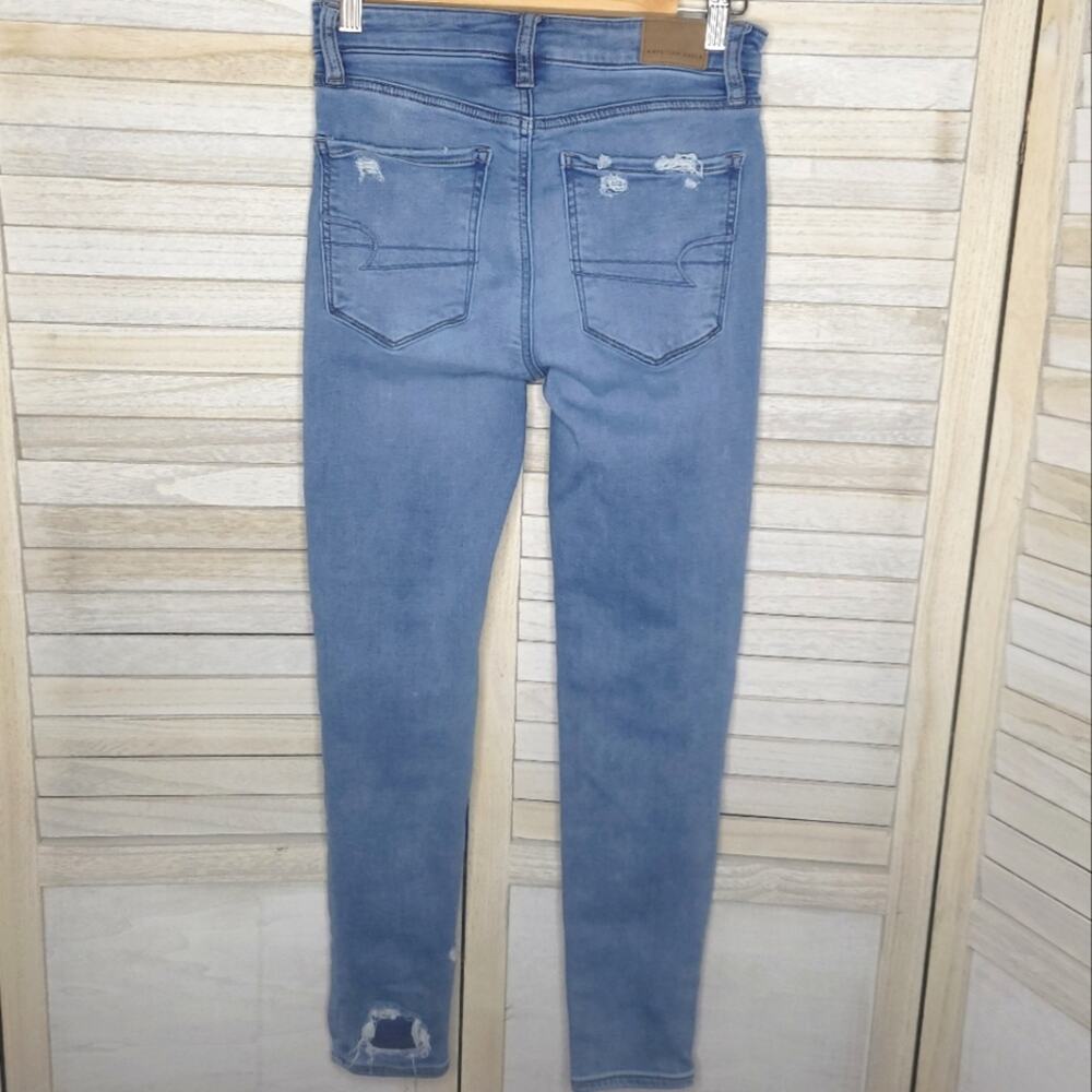 💛3/$15 American Eagle Super Hi-Rise Jegging Crop Blue Jeans Size 2 Patched 26